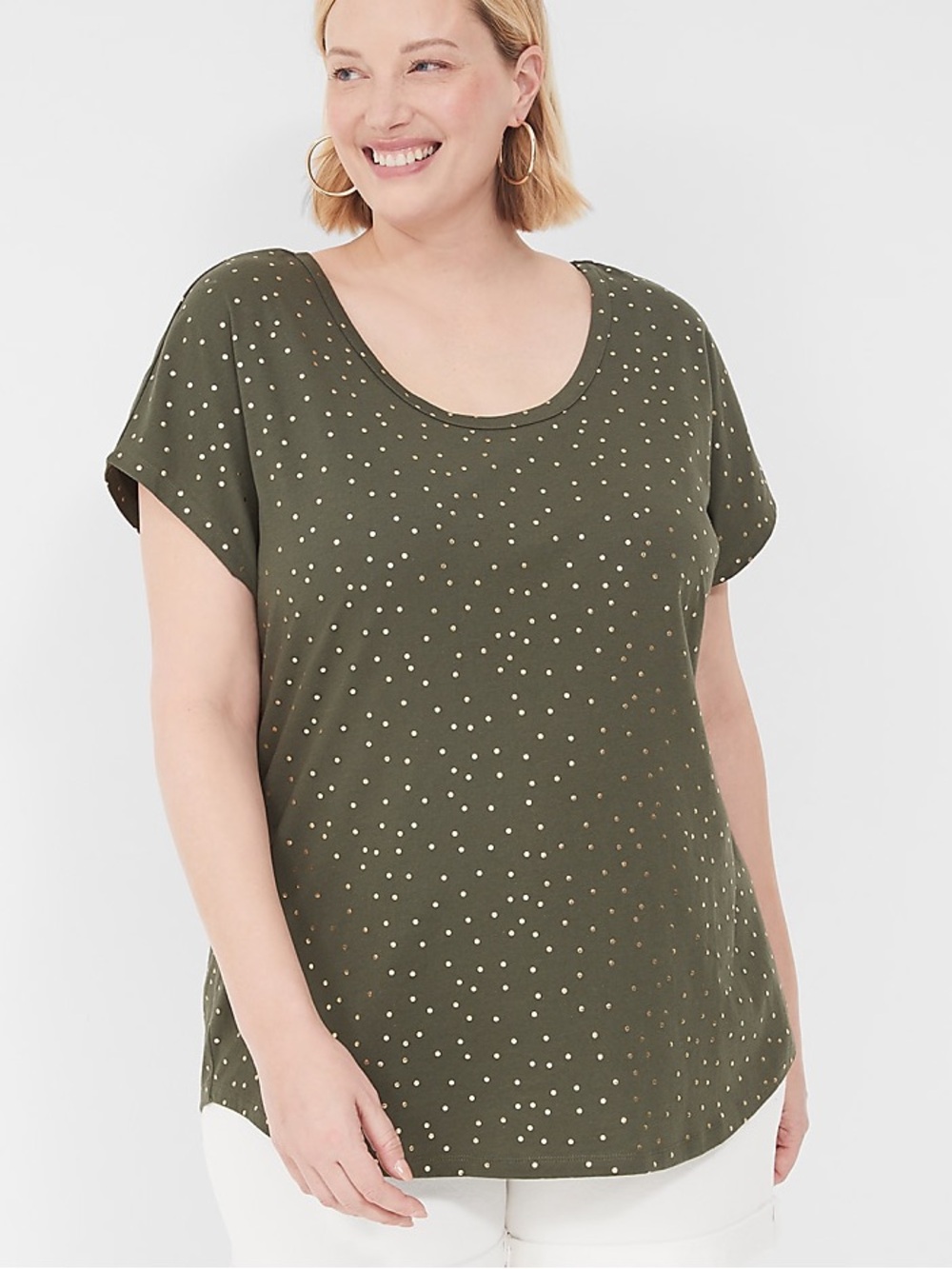 Lane Bryant Olive Green Short Sleeve Dot Print Scoop Neck Top Size 14/16